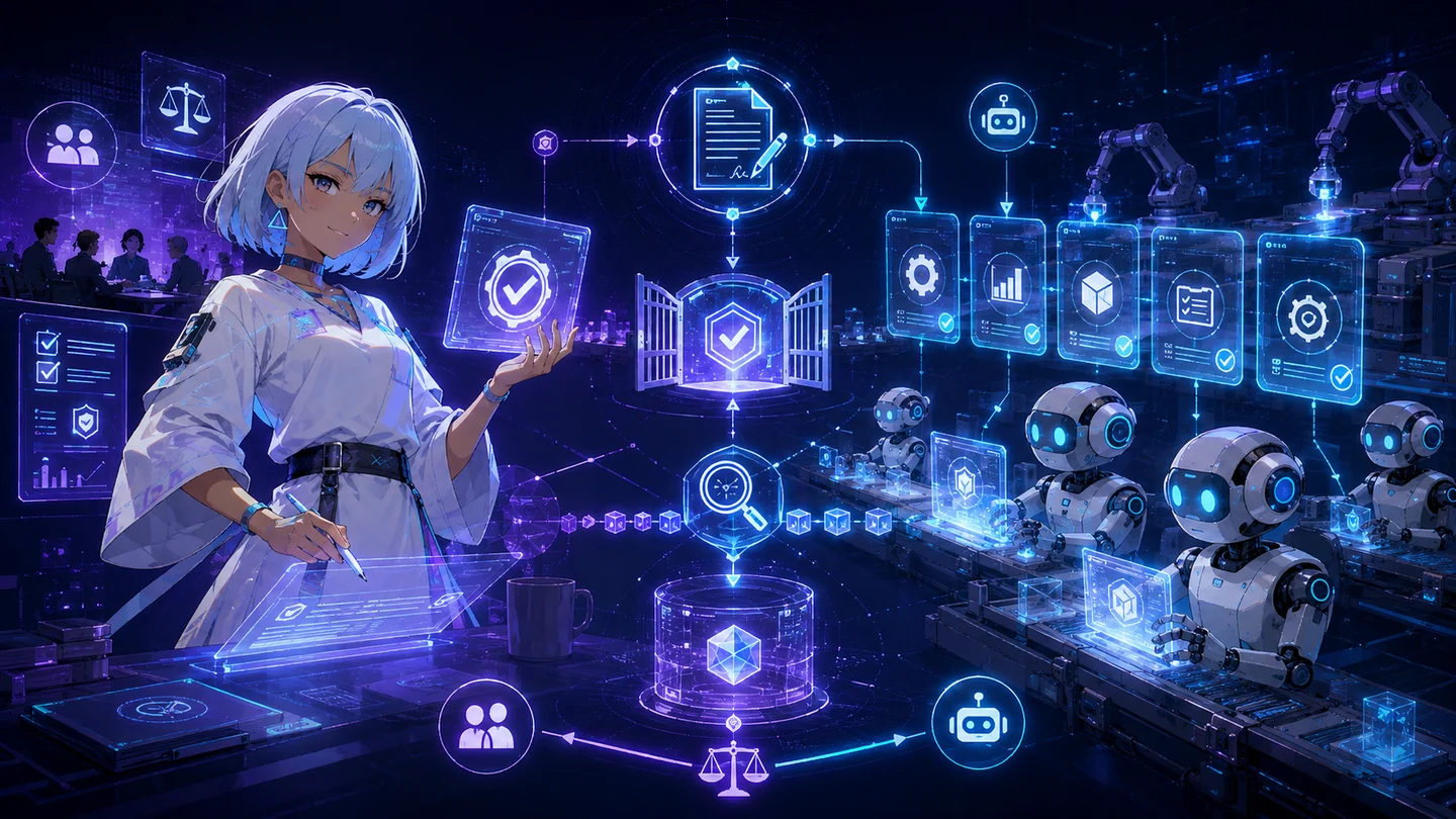 人間の判断、契約、検証、AIチームの工程を一つの管制室として表現したLocal AI Foundryのイメージ